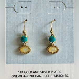 DUSK 14K Gold and Silver Plated Dangle Earrings Hand Set Gemstones with Bag